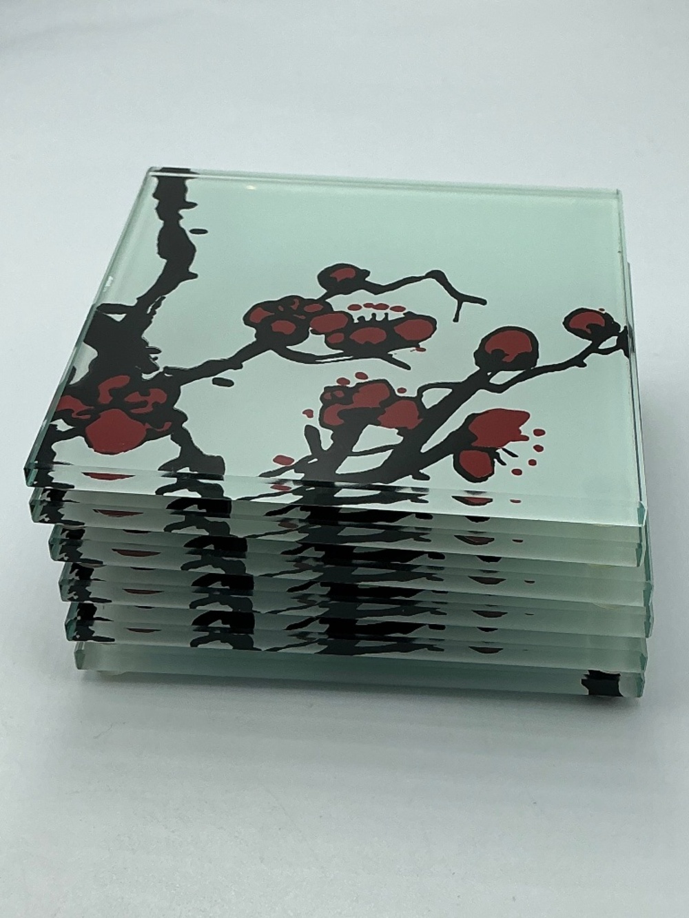 6 Glass Coasters Cherry Blossom Asian Design